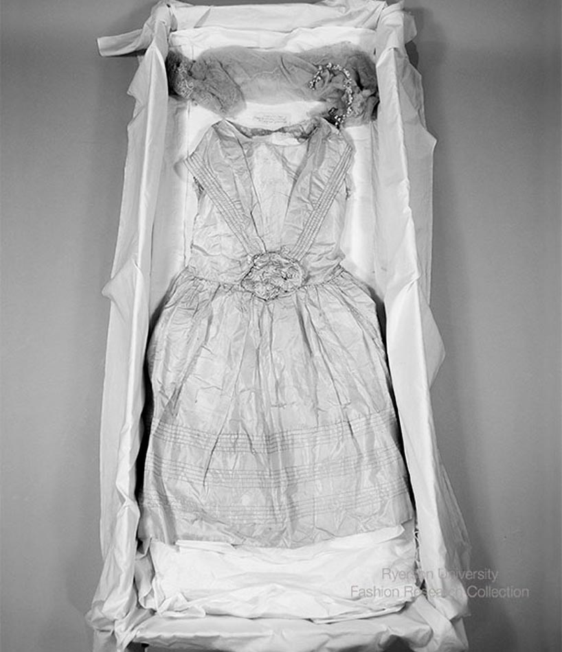 Black and white photo of a 1927 wedding dress