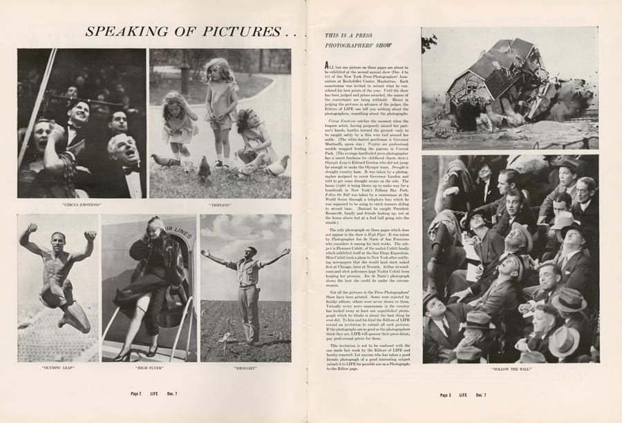 An image of the Speaking of Pictures section in Life’s third issue, showcasing various images from a press photography show