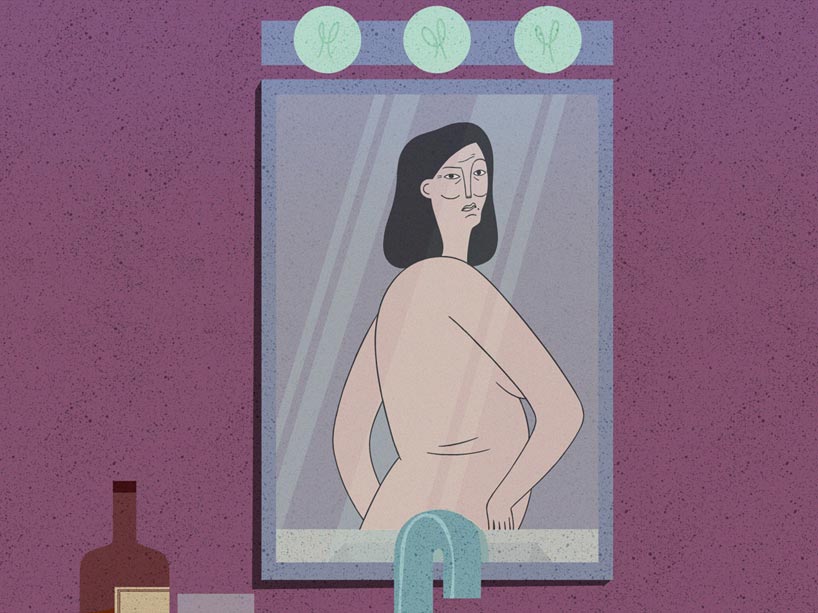 Animation of woman looking in bathroom mirror
