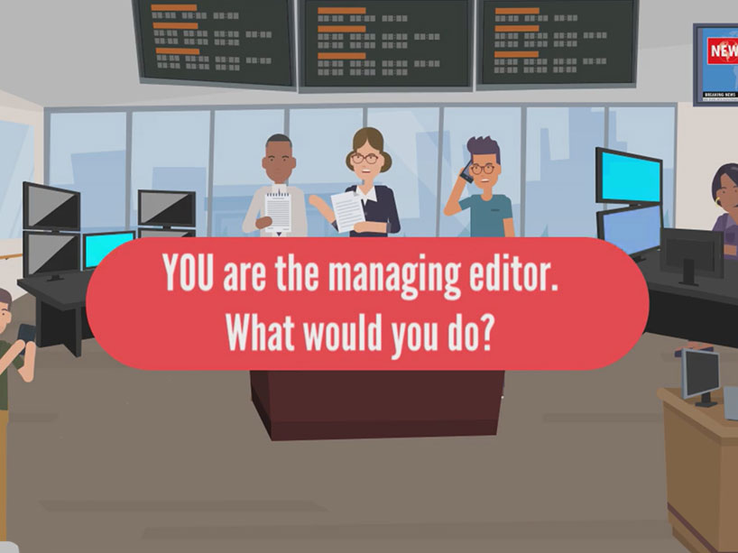 Animated graphic of journalism students in a TV studio