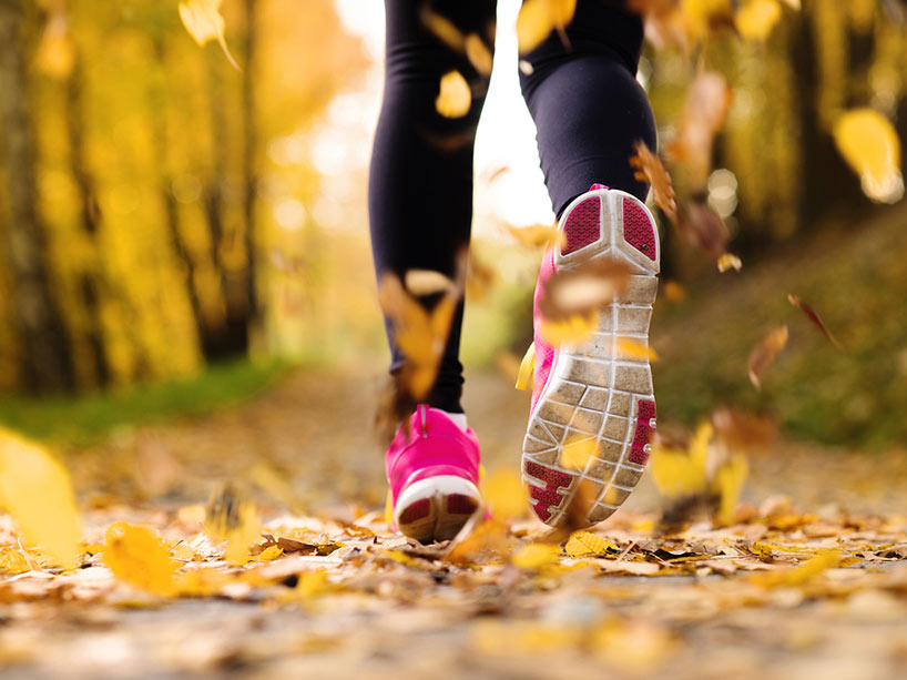 close-up of running shoes in motion on a path, with leaves falling around them