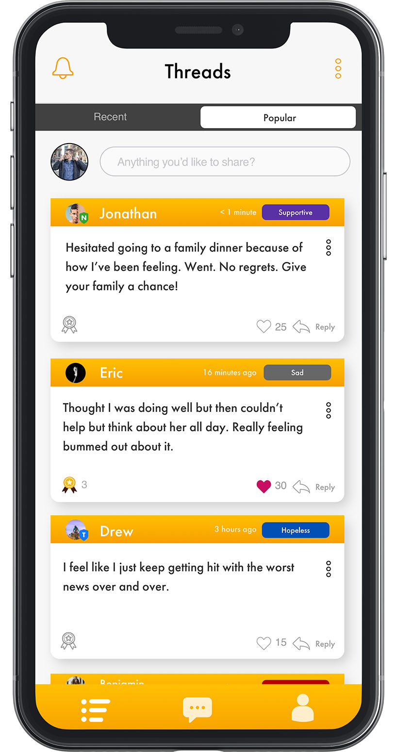 A screenshot of the tethr app with different threads for conversation