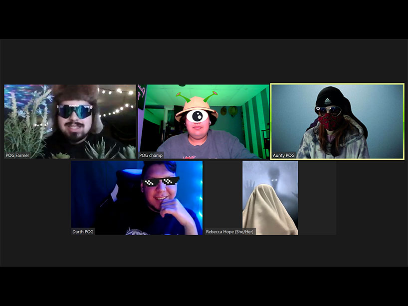 A screenshot of five Creative Native youth participants on a Zoom call, with each using funny effects such as hats and sunglasses.