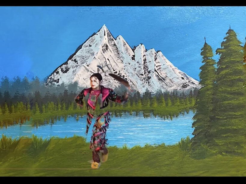 A painting of mountains, a river and trees is seen with a photo of jingle dancer Julia Naveau overlaid in the foreground.