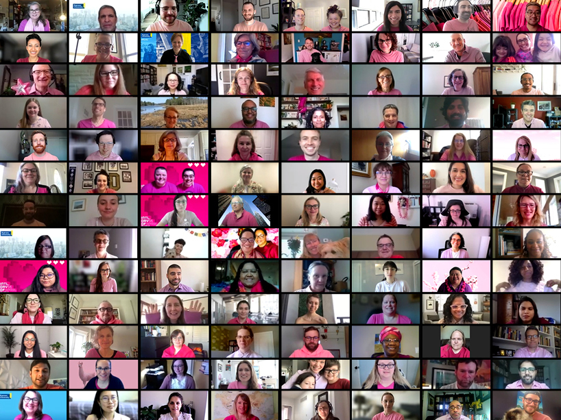 A Zoom screenshot of the Ryerson community celebrating International Day of Pink in pink shirts. 