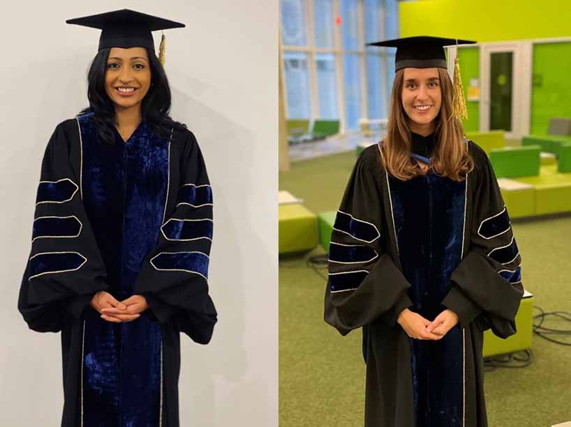 Composite of two female students in graduation regalia