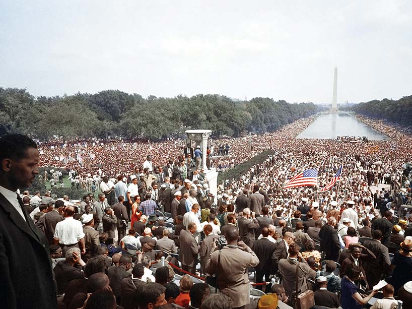 Thousands of people stand in protest in Washington in 1963.