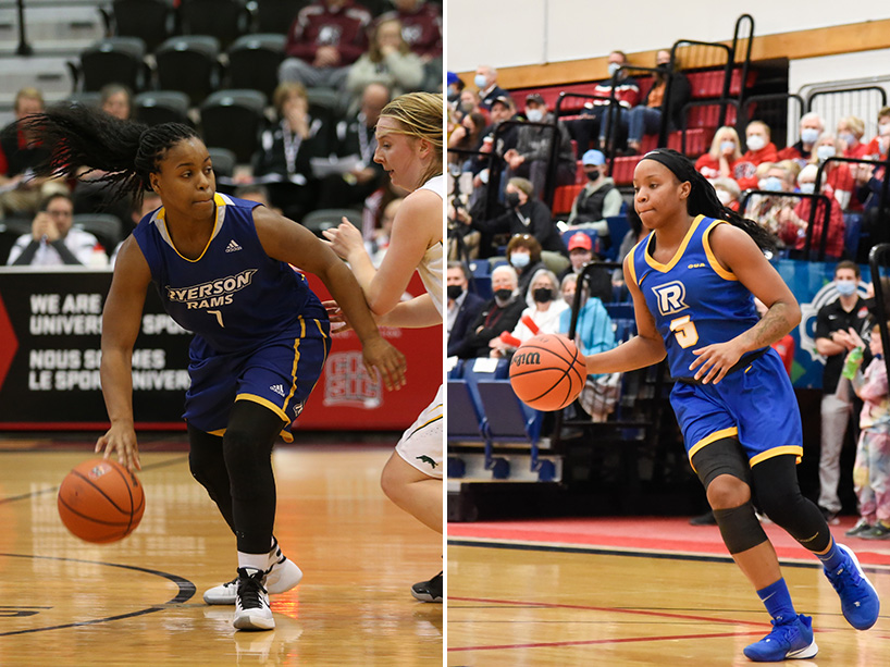 Two photos of women playing basketball. Kyia Giles on the left and Keneca Giles on the right..