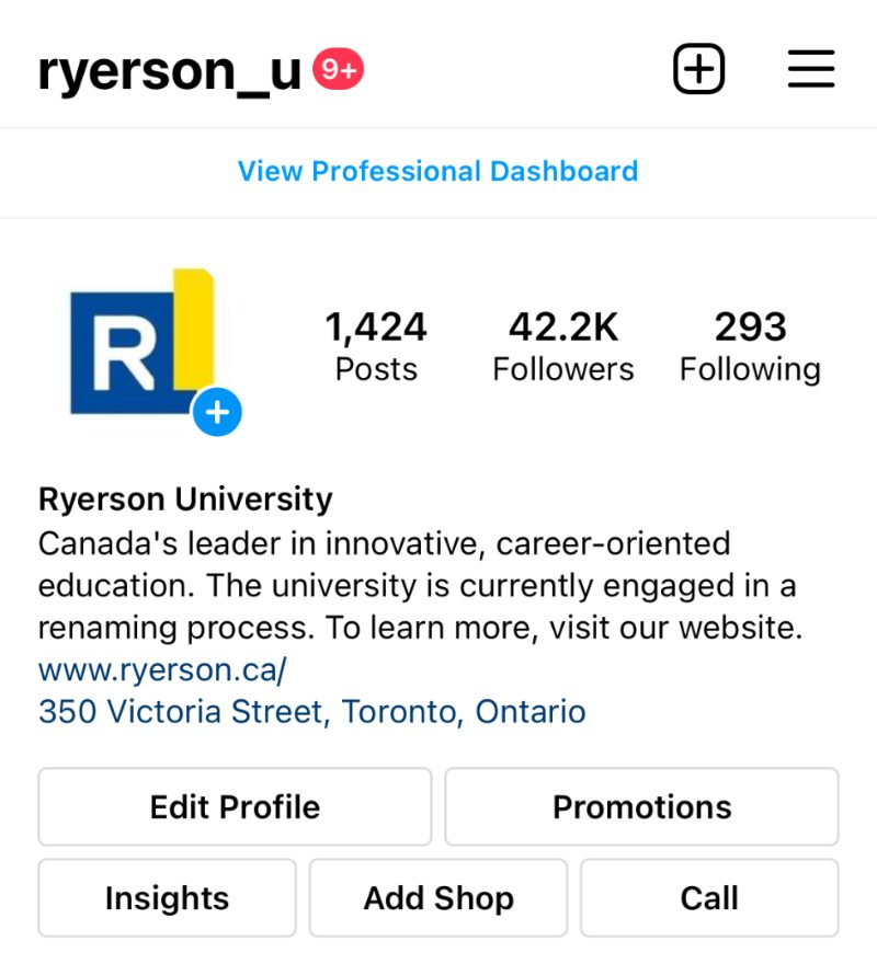 A screenshot of the Ryerson University Twitter social media bio.