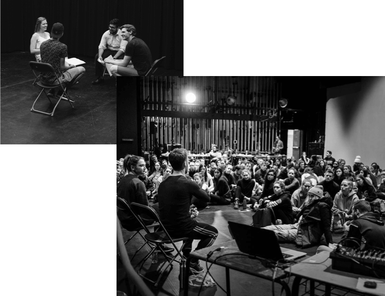black and white images of students sitting in a large group in the theatre