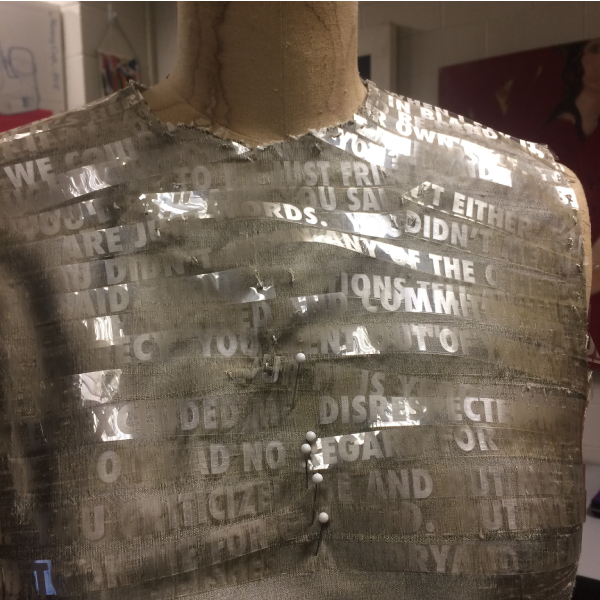 Textile designs with words printed on transparent film attached to a bodice
