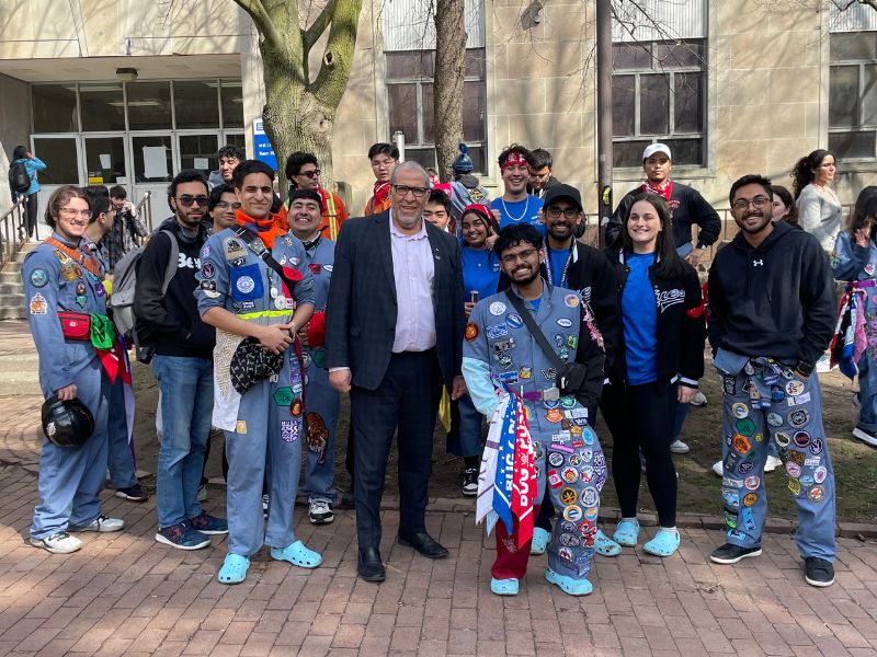 President Lachemi poses in the quad with engineering students