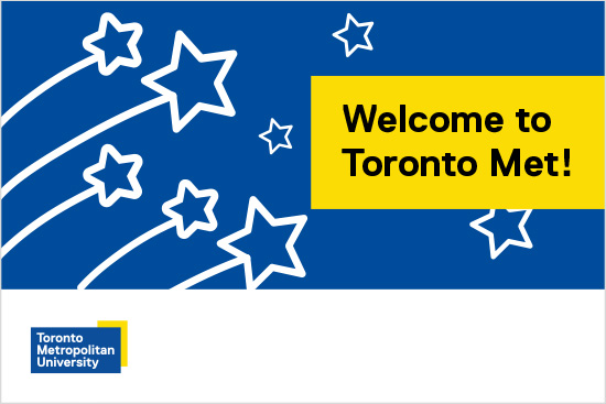 Welcome to Ryerson eCard with white shooting stars on a blue background. Link opens in an editable Google doc.
