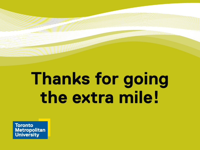 A avocado green card that reads 'Thanks for going the extra mile' with a Ryerson logo on the bottom left.