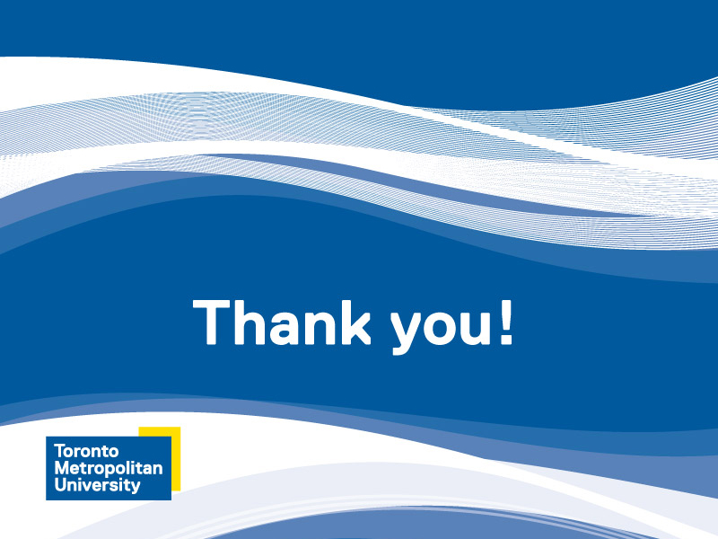 A blue card that reads 'Thank you!' with a Ryerson logo on the bottom left.