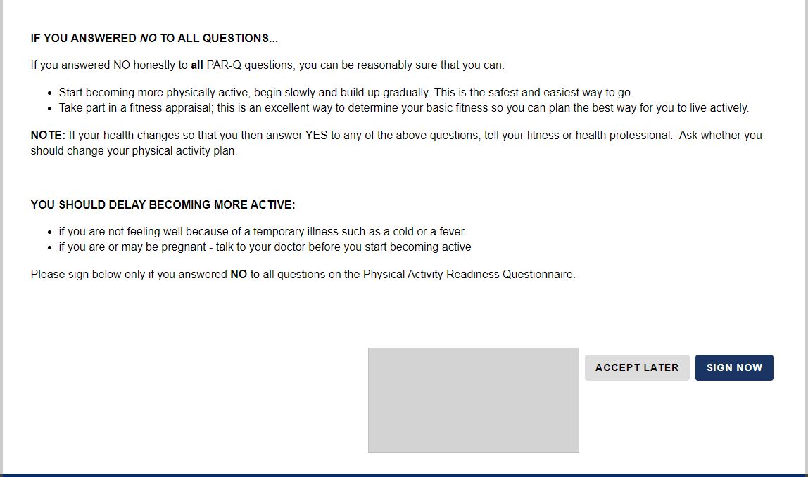 A screenshot of the bottom of the Facility Access Waiver, including signature box and sign now button.