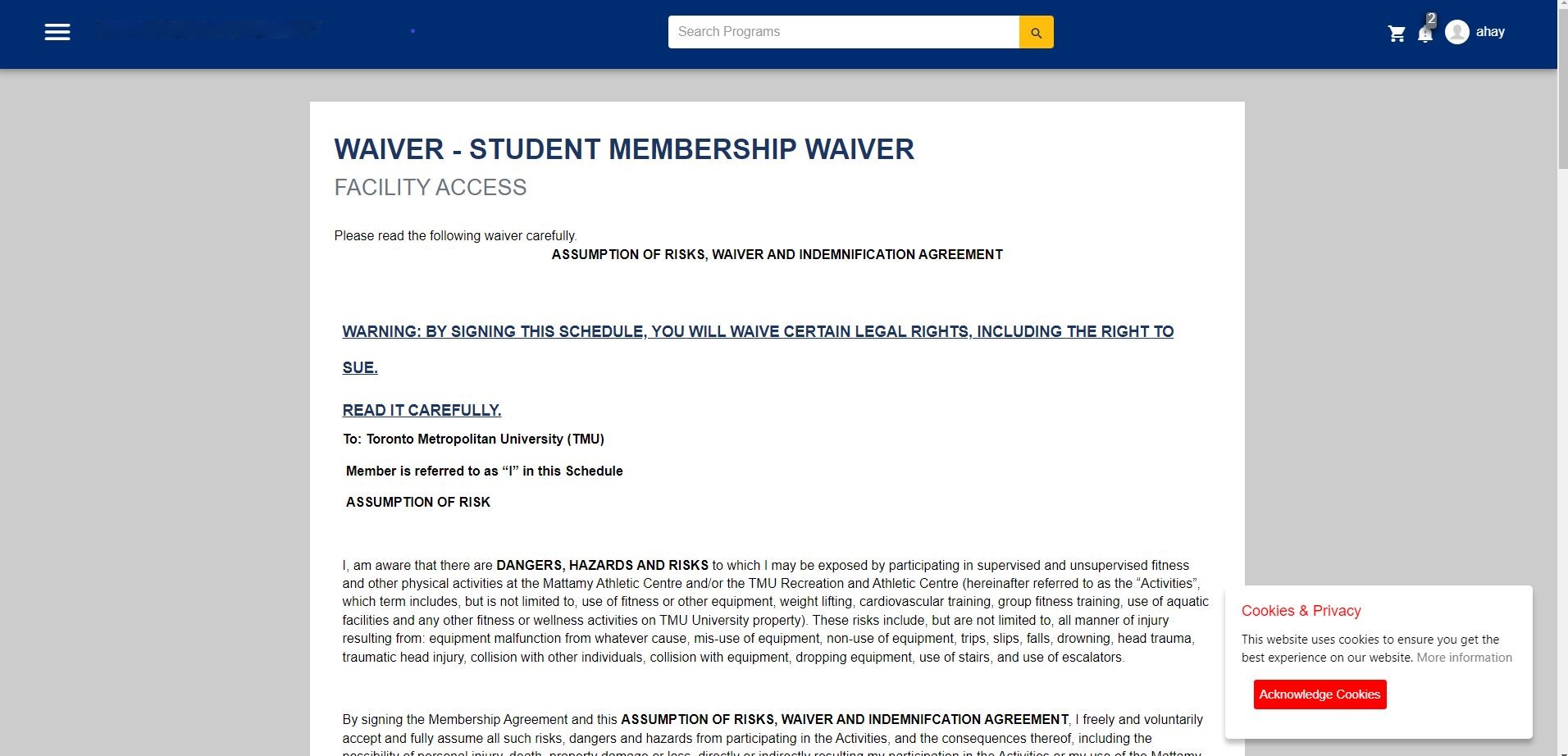 A screenshot of the Student Membership Waiver as it appears on the Member Portal. 