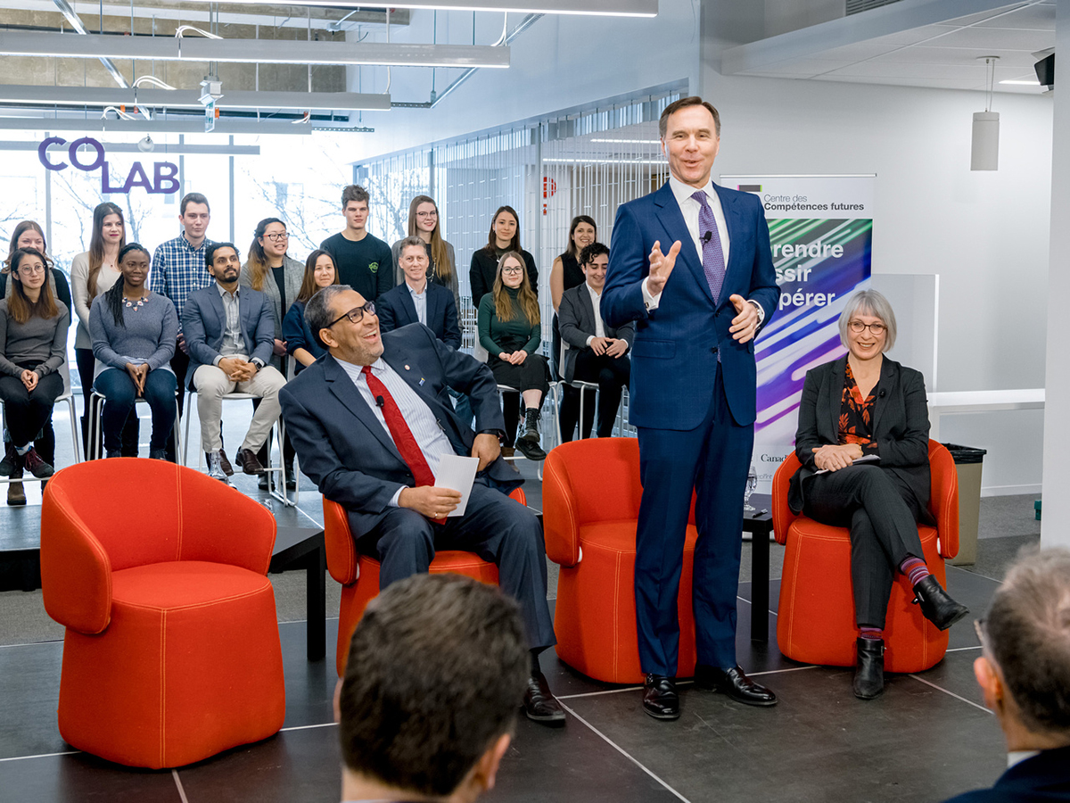 President Mohamed Lachemi, Minister of Finance Bill Morneau, and Minister of Employment, Workforce Development and Labour Patty Hajdu at the Rogers Communication Centre
