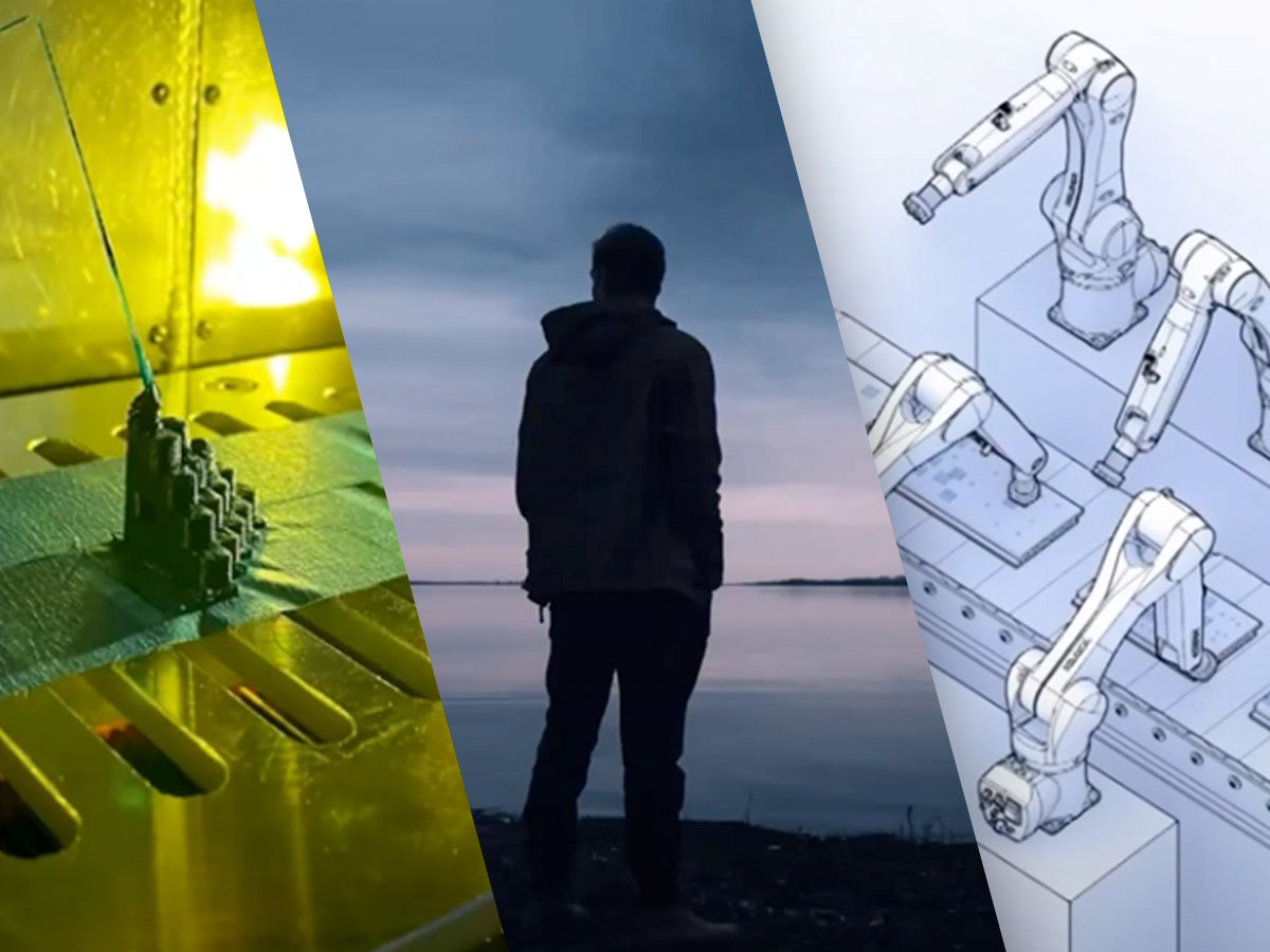 Screenshots from students’ presentations showing a 3D printer, a lone man on a shoreline and robotic arms on a production line.