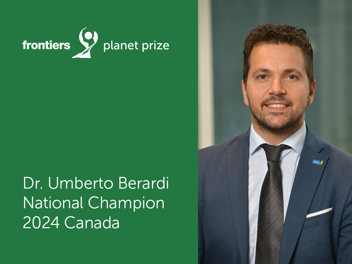 Headshot of professor Umberto Berardi. The image reads “Dr. Umberto Berardi, National Champion 2024 Canada” and includes the Frontiers Planet Prize logo.