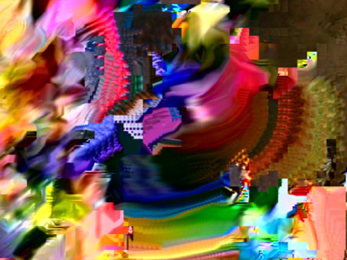 A colourful still from Monster Movie, depicting pixelated abstract shapes