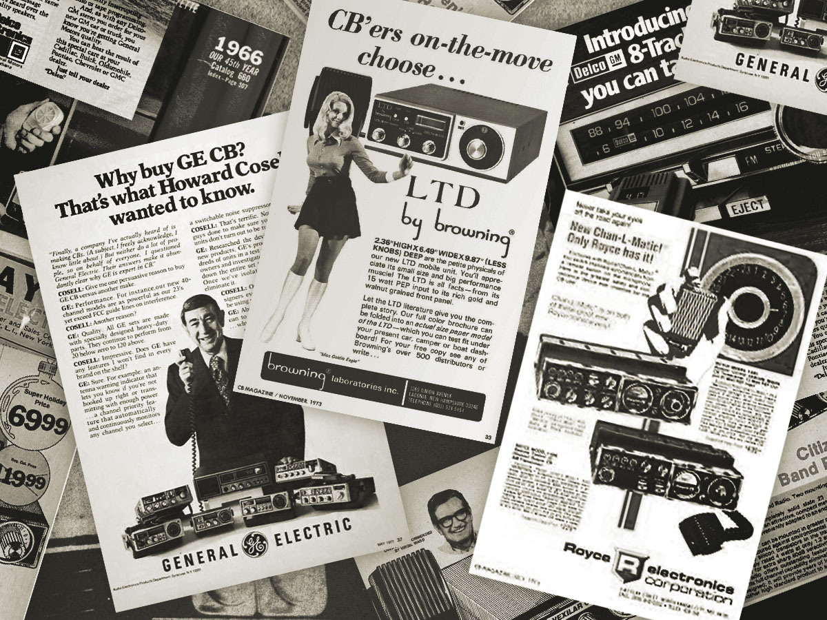 A stack of old black-and-white advertisements for electronics