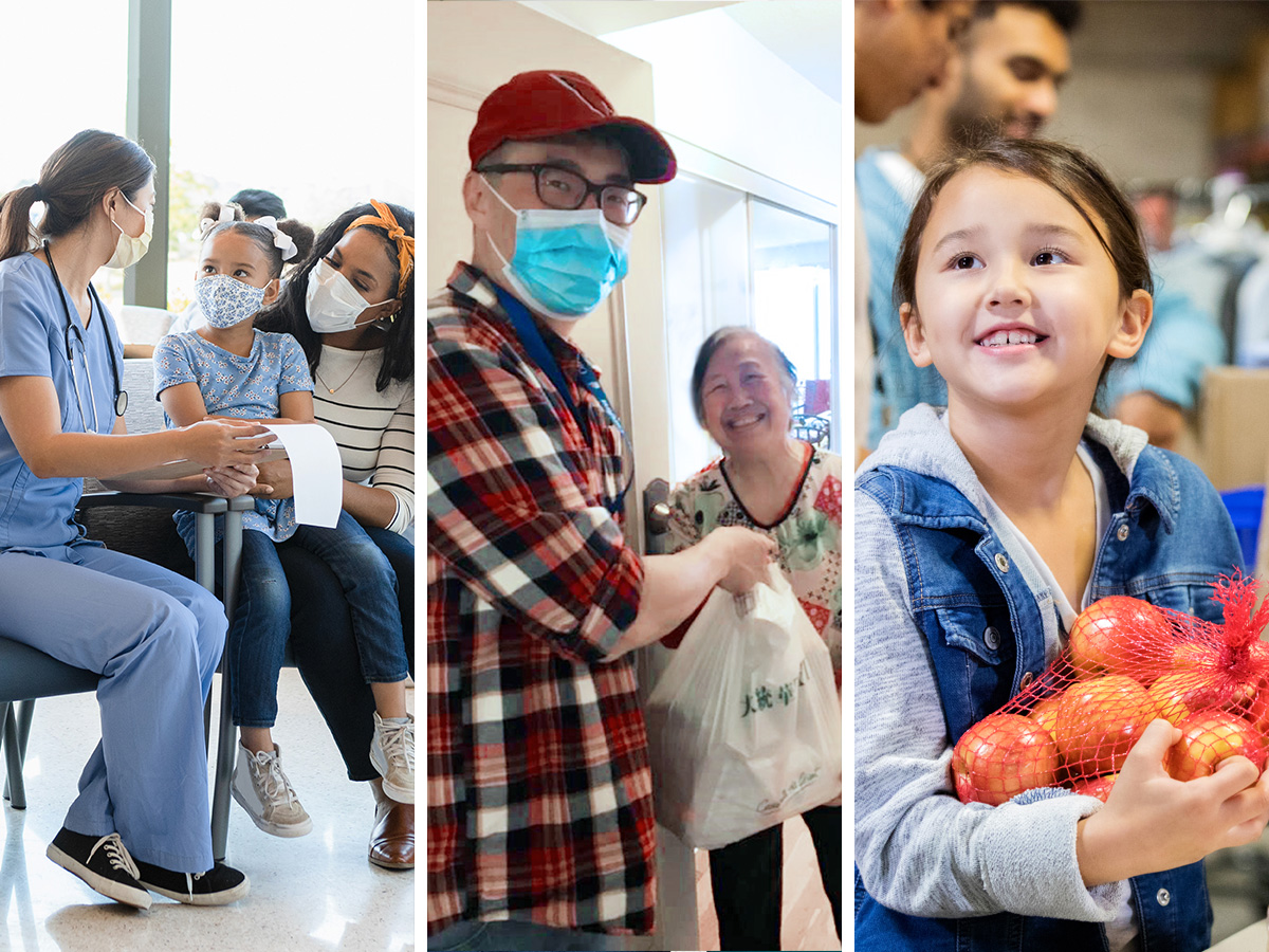 A collage of three photos. Left: A nurse speaks to a mother and daughter in a health clinic waiting room. All three people are wearing face masks. Centre: A volunteer wearing a face mask delivers food to a senior woman’s home. Right: A smiling girl holds a bag of oranges.