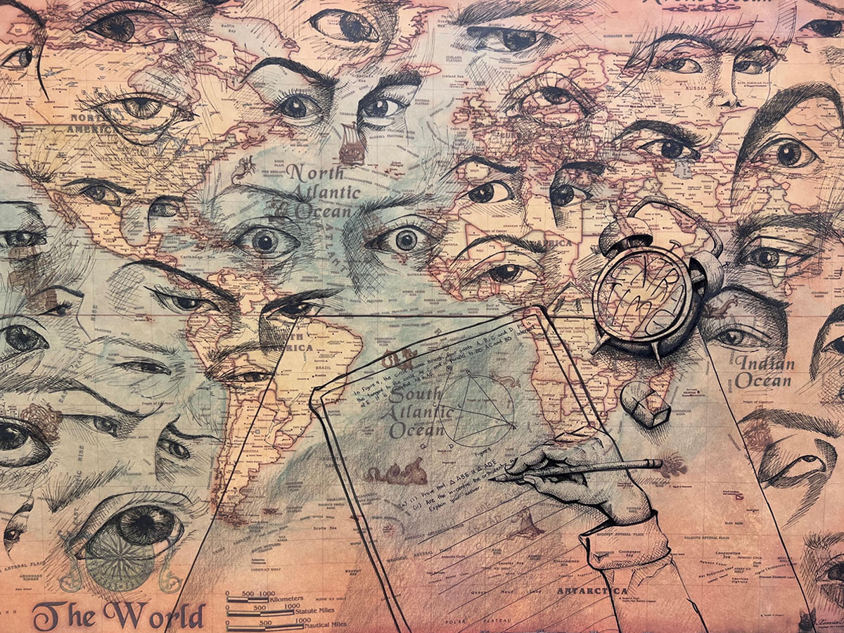 A map of the world covered with drawings of faces, eyes, an alarm clock and a math test.