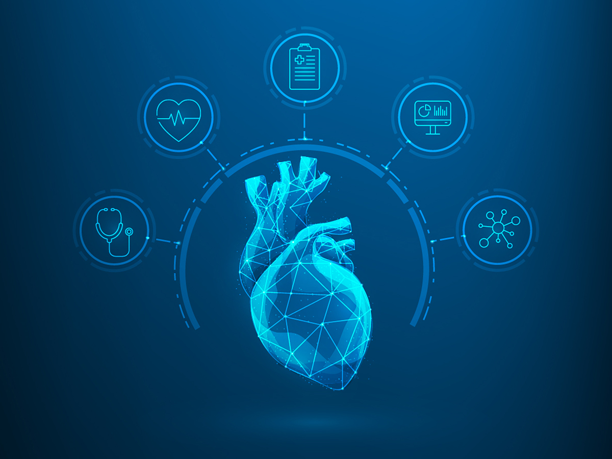 Icons such as a stethoscope, heart rate and other medical indicators surround an illustrated heart. 