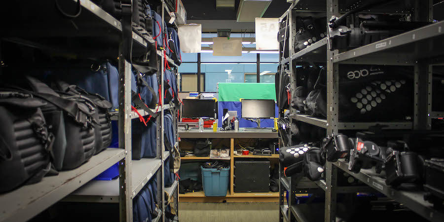 A shot down one of the aisles in the Equipment Distribution Centre. Various pieces of equipment can be seen in the shot on the left and right side on shelves