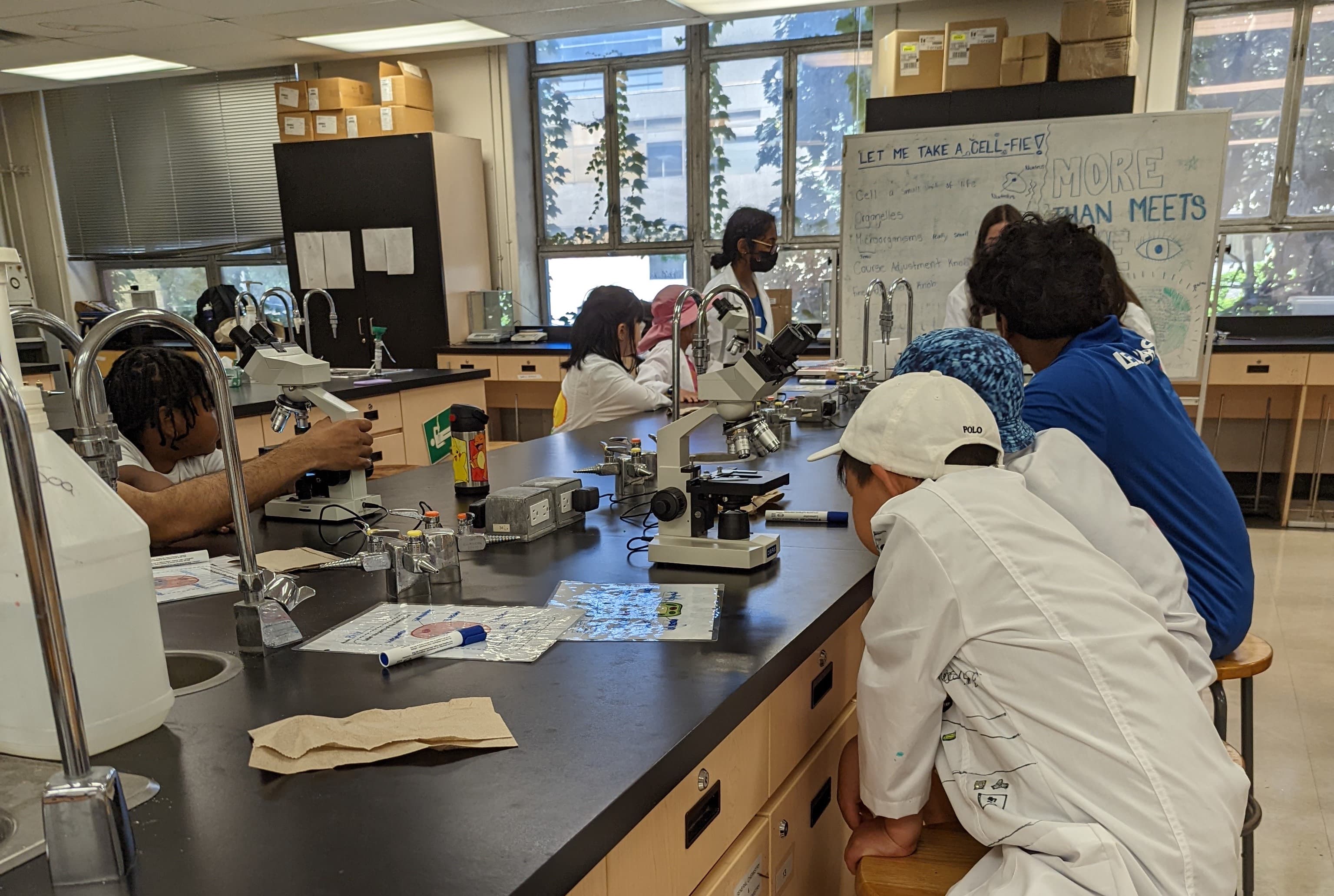 A group of campers sitting by a lab bench while conducting experiments with camp counsellors in the lab.