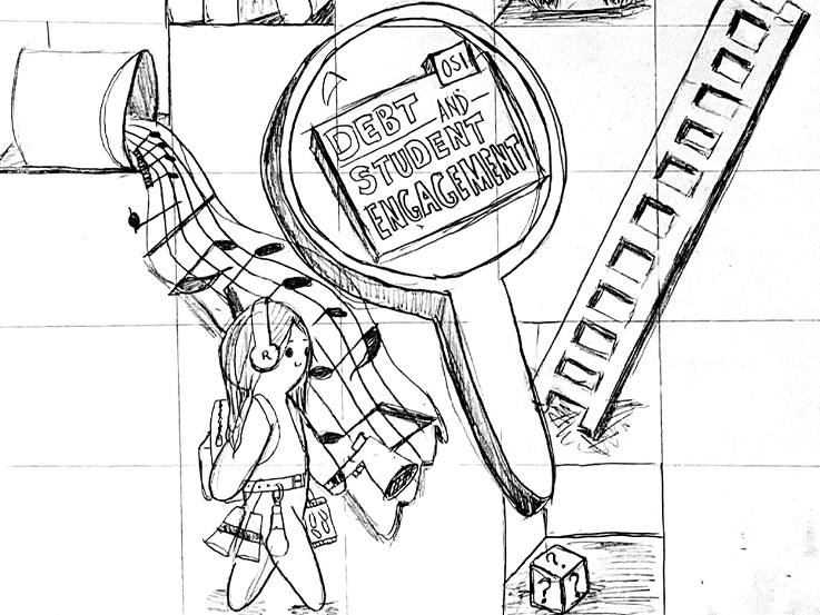 A black and white sketch of a woman walking with headphones. In the background  is a ladder, a tipped over garbage cans spilling music notes, and a large magnifying glass. Inside the magnifying glass it reads "OSI DEBT AND STUDENT ENGAGEMENT."