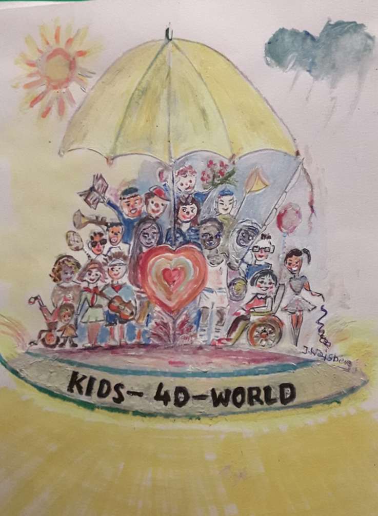 A colourful drawing of a group of people standing under a yellow umbrella. In the middle of the people is a red heart. Under the people is a sign that reads "KIDS-4D-WORLD."