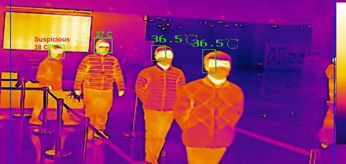 A red, purple and orange thermal camera image of 4 people standing in line at a bank.