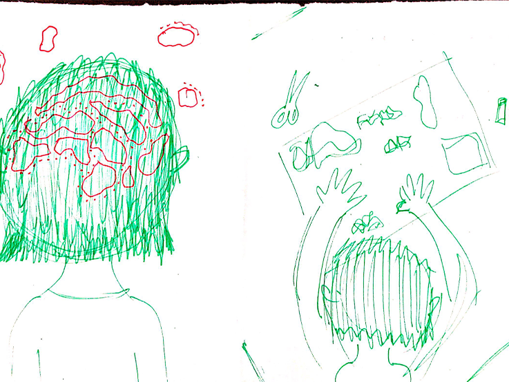 A green and red sketch of the back of a person's head on the left side and an image of the person working at their desk on the right side.