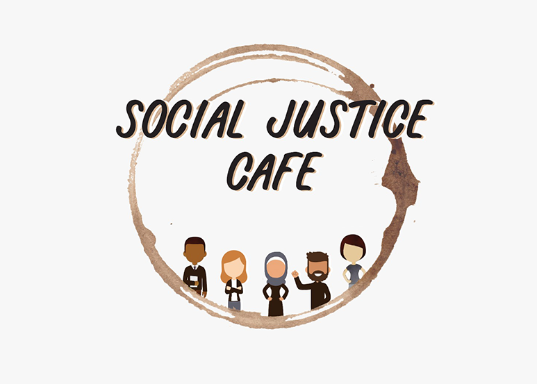 Brown circle with 5 waving figures inside, overtop font reads "Social Justice Cafe"