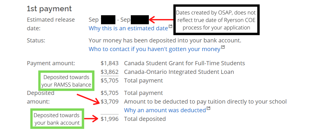 1st Payment page, highlighting the estimated funding release dates by OSAP, the amount of funding that will go directly to your tuition account, and the amount that will be deposited in your bank account