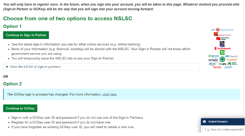 The 'Access My NSLSC Account' section, with the two login options outlined.
