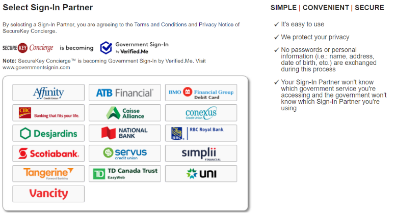 The page for the Select Sign-In Partner option. A list of sign-in partners is displayed, for users to select the one that is applicable to them.