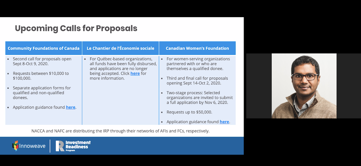 Zoom event screenshot. Wayne Miranda with presentation slide that reads "Upcoming Calls for Proposals"