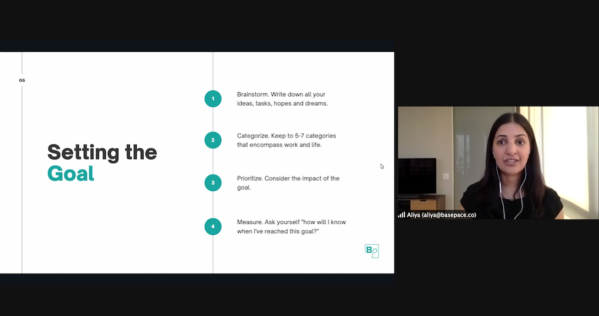 Screenshot of Zoom meeting with Aliya Ladhani and slides about goal setting