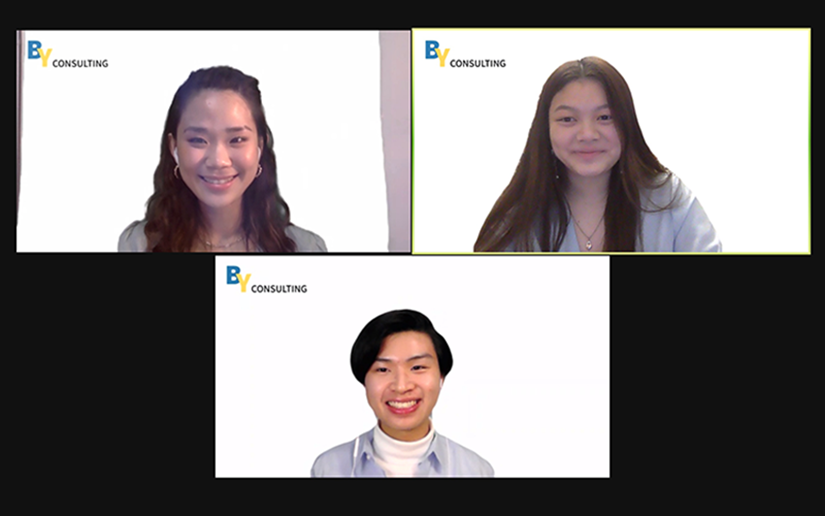 This image is a screenshot of HTM students Minah Kim, Brian Vương, and Chantal Wong on a zoom call for the GTH Case Competition. 