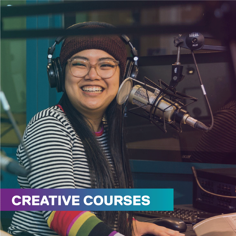 creative courses is written on a banner on top of a photo of a student at a podcast microphone