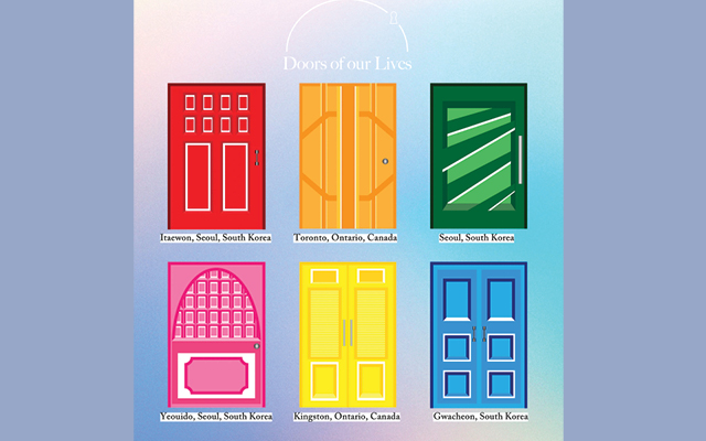 doors of our lives in red orange green pink yellow blue with different cities and countries listed Seoul Toronto Kingston Gwacheon Itaewon