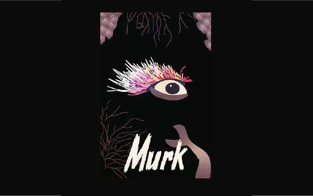murk with an eye and colourful elongated eyelashes and dark and mauve background