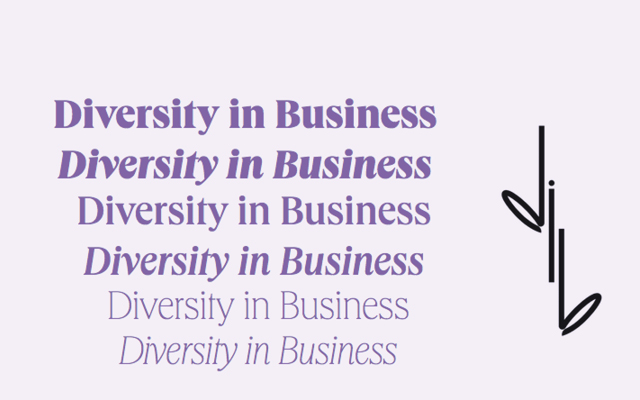 diversity in business in purple text behind a light purple background and on the right hand a logo in black stencil