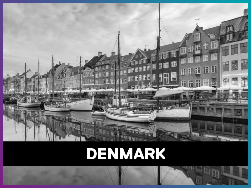 Denmark is written on a banner on top of a picture of the country