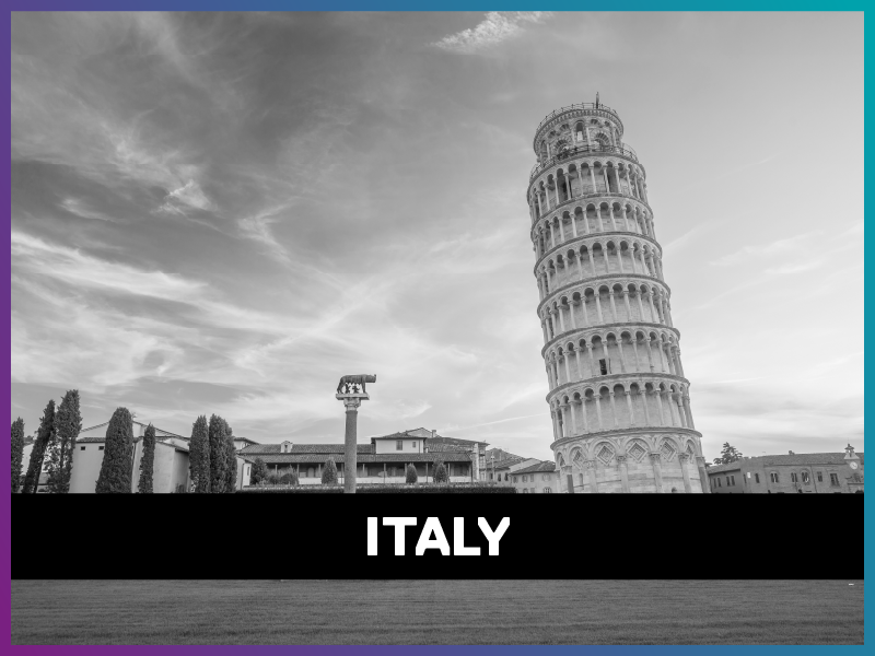 Italy is written on top of a photo of the leaning tower of pisa