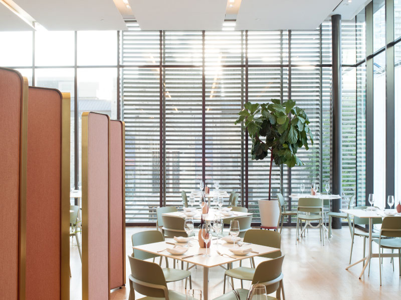 The dining room at Clay Restaurant features small white tables with light green chairs. Floor to ceiling windows are on all sides of the room and a pink and gold room divider sits to the left
