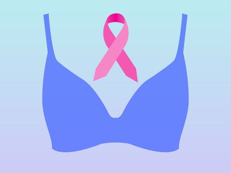 graphic design image of blue bra with pink Breast Cancer Awareness ribbon above